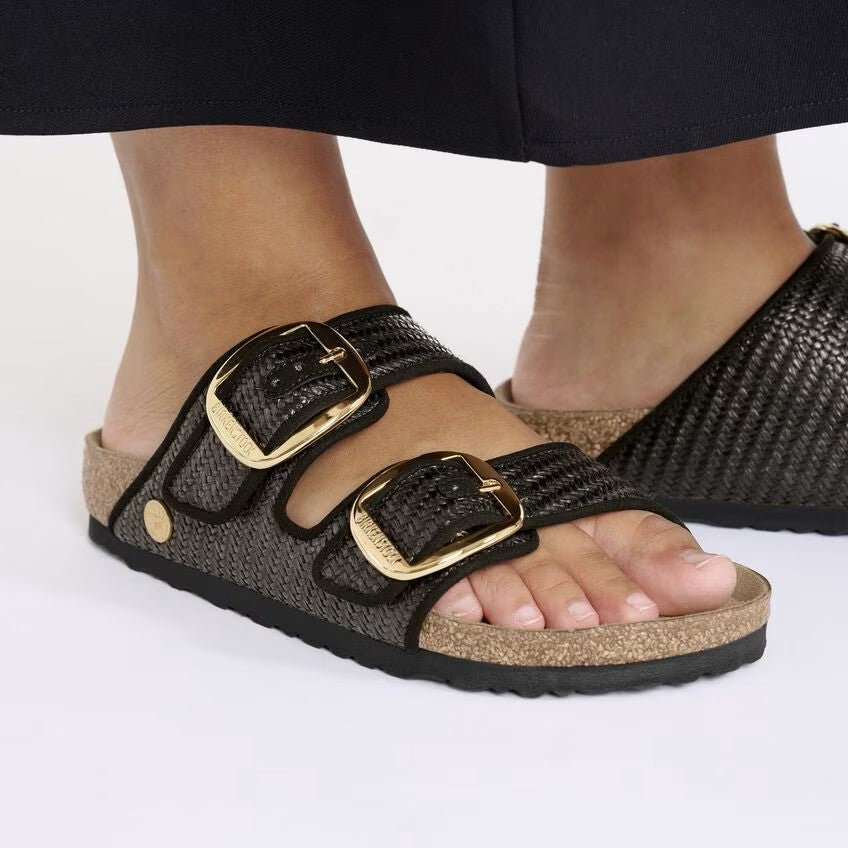 Birkenstock Arizona Big Buckle Sandals - Raffia Black Textile | Comfortable Cork Footbed - Grady’s Feet Essentials - Birkenstock