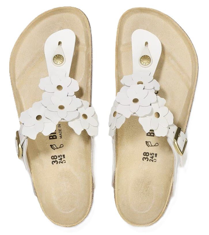 Birkenstock Gizeh Flower Sandals - White Leather | Comfortable Cork Footbed - Grady’s Feet Essentials - Birkenstock