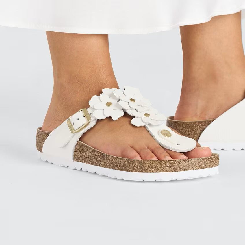 Birkenstock Gizeh Flower Sandals - White Leather | Comfortable Cork Footbed - Grady’s Feet Essentials - Birkenstock