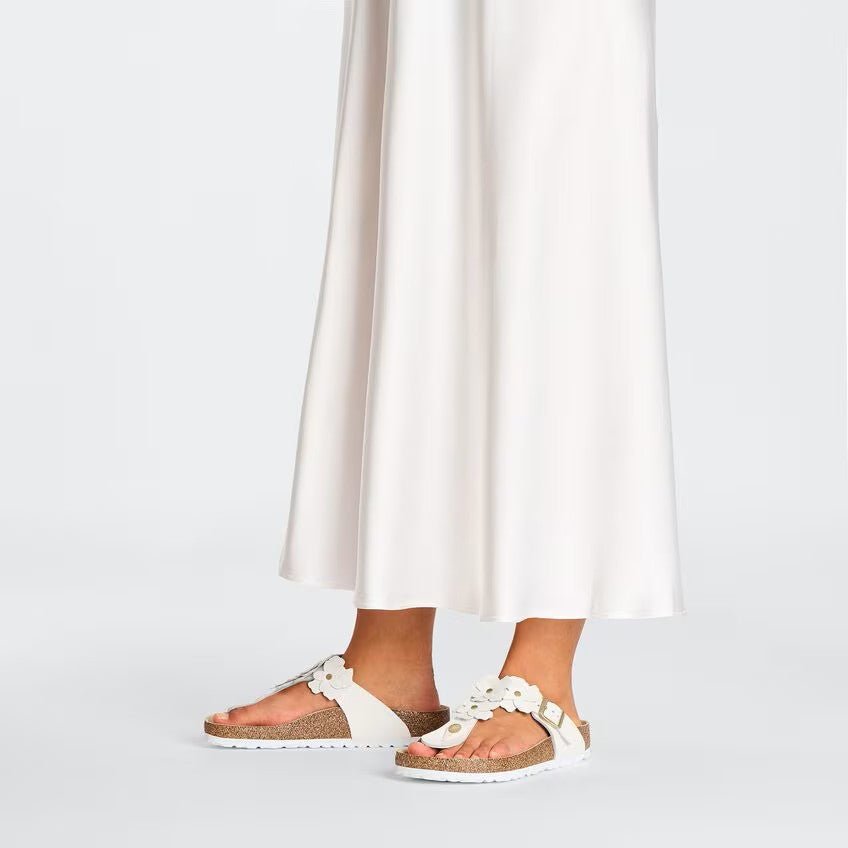Birkenstock Gizeh Flower Sandals - White Leather | Comfortable Cork Footbed - Grady’s Feet Essentials - Birkenstock