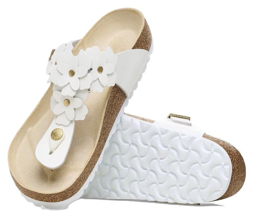 Birkenstock Gizeh Flower Sandals - White Leather | Comfortable Cork Footbed - Grady’s Feet Essentials - Birkenstock