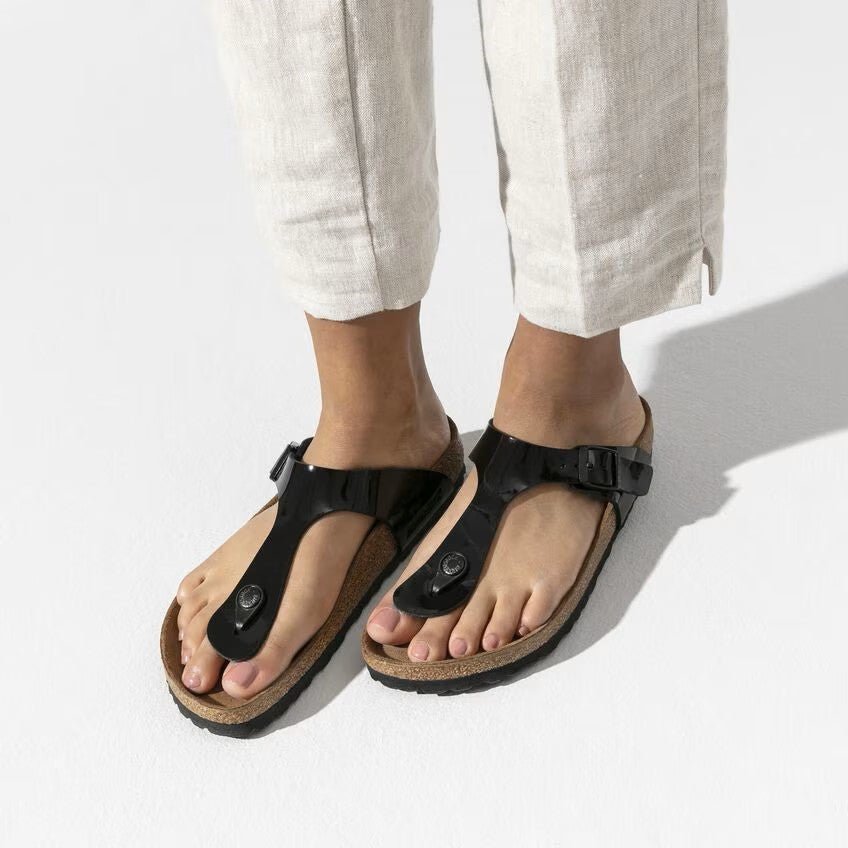 Birkenstock Gizeh Sandal - Black Patent Birko - Flor | Comfortable Cork Footbed - Grady’s Feet Essentials - Birkenstock