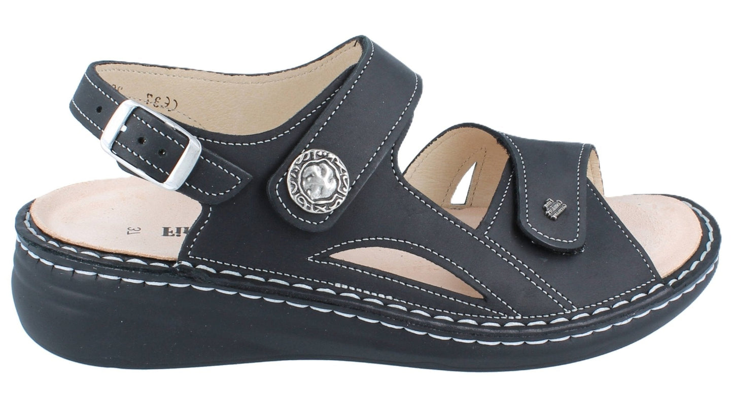 Finn Comfort Barbuda Women's Sandal - Black Sirio Leather | Finn Mellow Insole, Orthotic Friendly - Grady’s Feet Essentials - Finn Comfort
