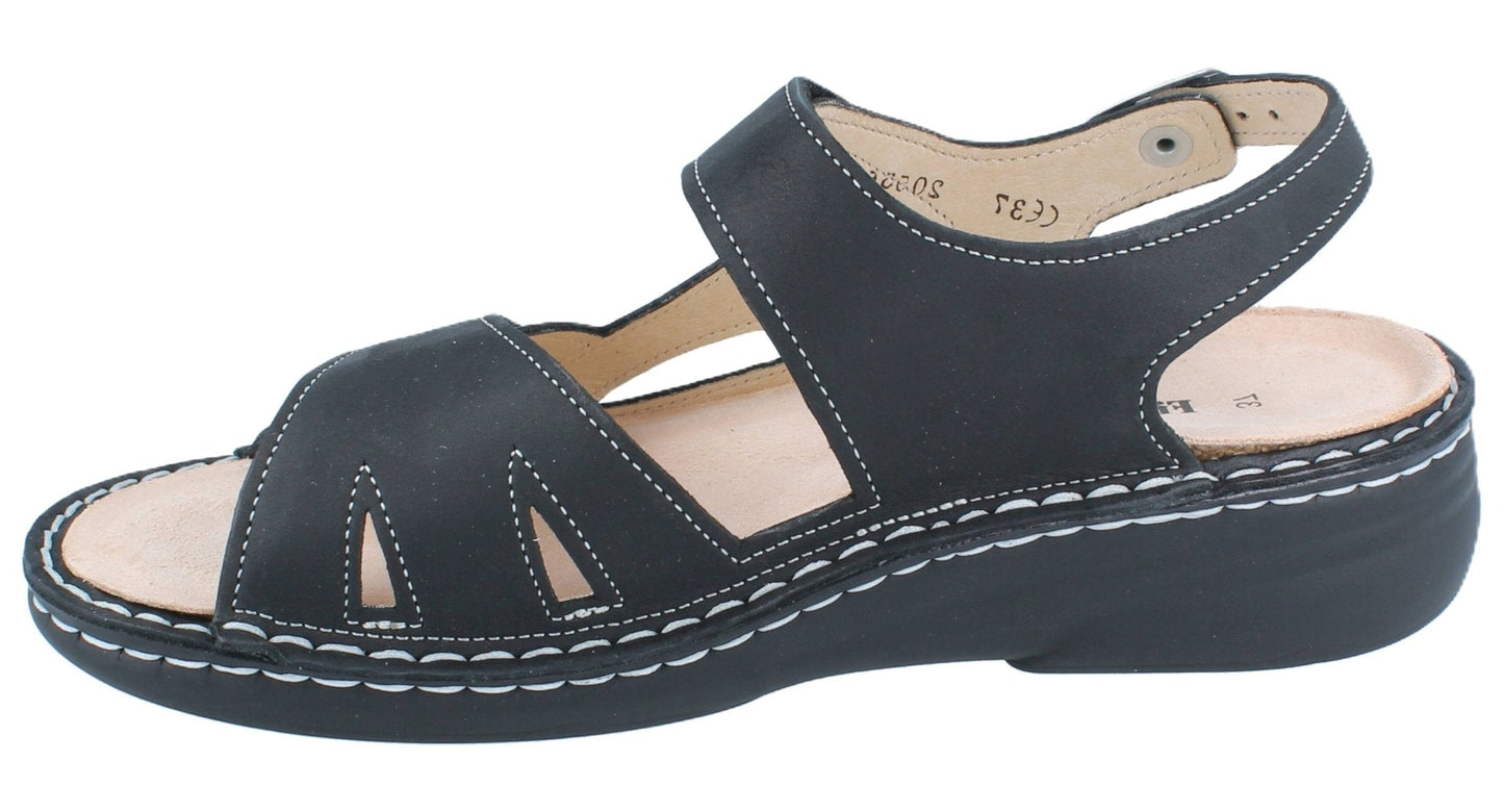 Finn Comfort Barbuda Women's Sandal - Black Sirio Leather | Finn Mellow Insole, Orthotic Friendly - Grady’s Feet Essentials - Finn Comfort