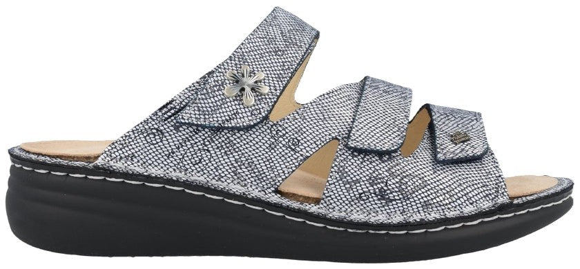 Finn Comfort Grenada Women's Sandal - Words Blue Leather | Finn Mellow Insole, Orthotic Friendly - Grady’s Feet Essentials - Finn Comfort