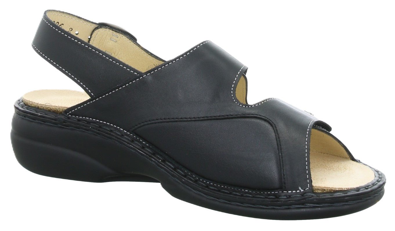 Finn Comfort Isera Women's Sandal - Black Leather | Comfortable Stretch Side, Orthotic Friendly - Grady’s Feet Essentials - Finn Comfort