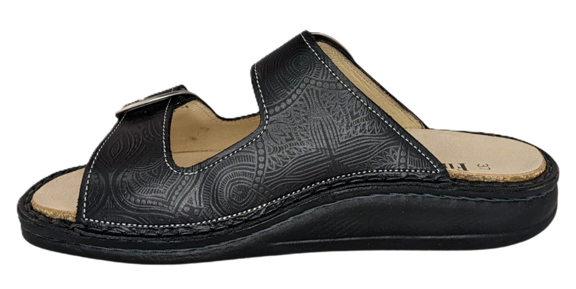 Finn Comfort Lipari Women's Sandal - Black Arabesque Leather | Orthotic Friendly - Grady’s Feet Essentials - Finn Comfort