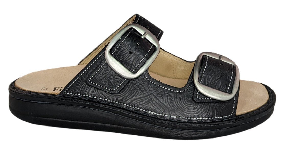 Finn Comfort Lipari Women's Sandal - Black Arabesque Leather | Orthotic Friendly - Grady’s Feet Essentials - Finn Comfort