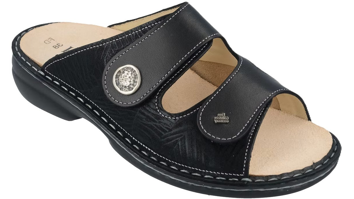 Finn Comfort Zeno Women's Sandal - Black Crumble Leather | Comfortable Stretch Panel - Grady’s Feet Essentials - Finn Comfort