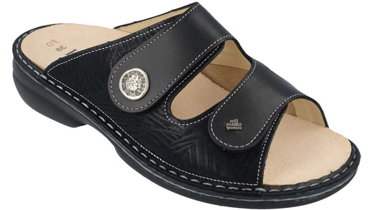 Finn Comfort Zeno Women's Sandal - Black Crumble Leather | Comfortable Stretch Panel - Grady’s Feet Essentials - Finn Comfort