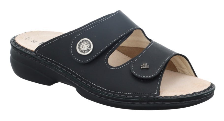 Finn Comfort Zeno Women's Sandal - Black Sirio Leather | Comfortable Stretch Panel - Grady’s Feet Essentials - Finn Comfort