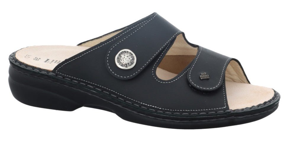 Finn Comfort Zeno Women's Sandal - Black Sirio Leather | Comfortable Stretch Panel - Grady’s Feet Essentials - Finn Comfort