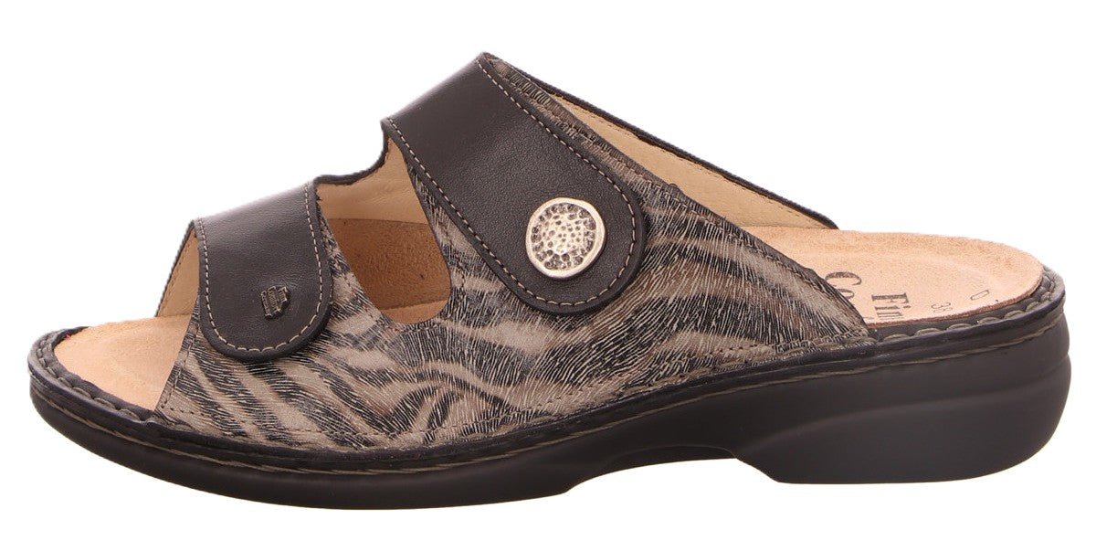 Finn Comfort Zeno Women's Sandal - Grey Black Zebra Leather | Comfortable Stretch Panel - Grady’s Feet Essentials - Finn Comfort