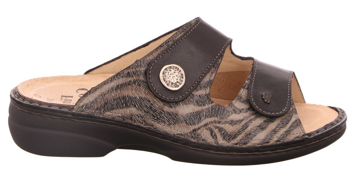 Finn Comfort Zeno Women's Sandal - Grey Black Zebra Leather | Comfortable Stretch Panel - Grady’s Feet Essentials - Finn Comfort