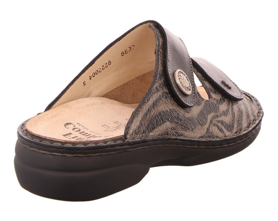 Finn Comfort Zeno Women's Sandal - Grey Black Zebra Leather | Comfortable Stretch Panel - Grady’s Feet Essentials - Finn Comfort