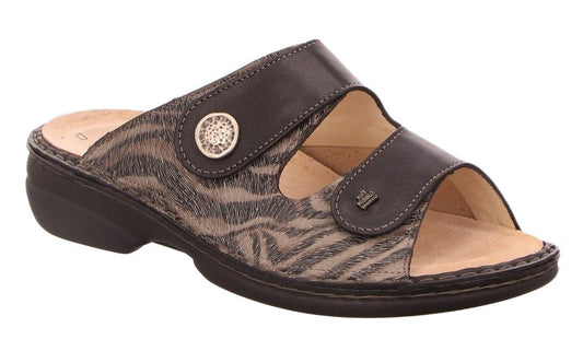 Finn Comfort Zeno Women's Sandal - Grey Black Zebra Leather | Comfortable Stretch Panel - Grady’s Feet Essentials - Finn Comfort