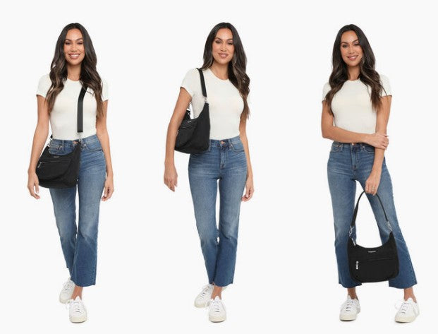 3 Models showing how the Baggallini modern pocket half moon bag in Midnight blossom is worn