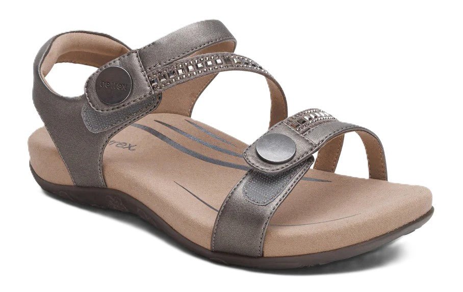Aetrex Jess Women's Sandals - Pewter Sparkle | Adjustable Quarter Strap, Supportive Fit - Grady’s Feet Essentials - Aetrex