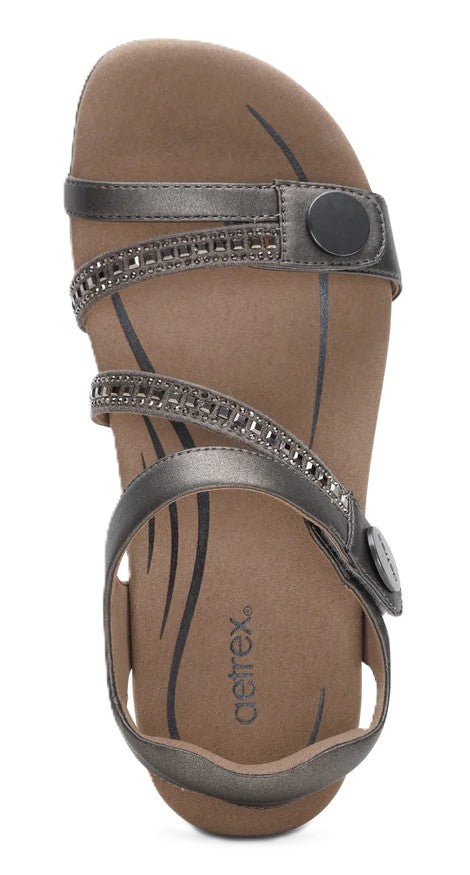 Aetrex Jess Women's Sandals - Pewter Sparkle | Adjustable Quarter Strap, Supportive Fit - Grady’s Feet Essentials - Aetrex