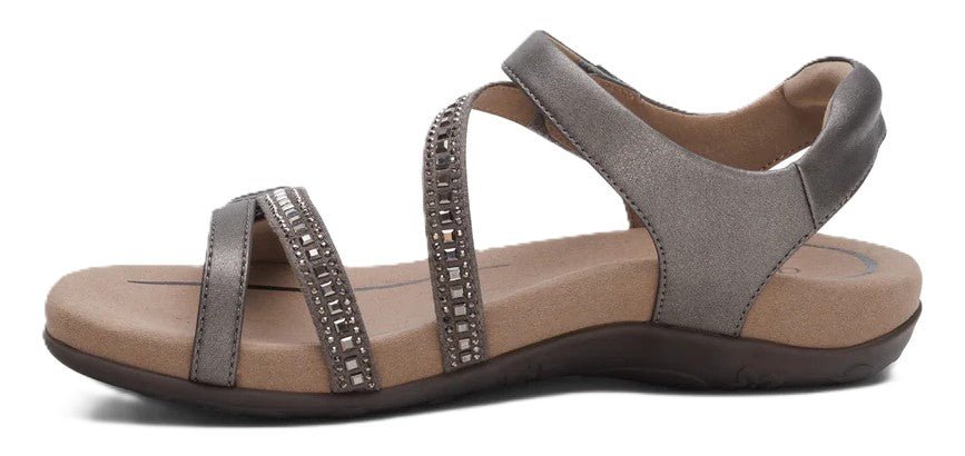 Aetrex Jess Women's Sandals - Pewter Sparkle | Adjustable Quarter Strap, Supportive Fit - Grady’s Feet Essentials - Aetrex