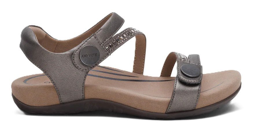 Aetrex Jess Women's Sandals - Pewter Sparkle | Adjustable Quarter Strap, Supportive Fit - Grady’s Feet Essentials - Aetrex