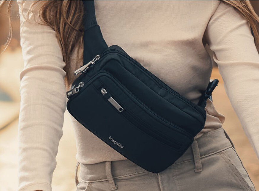 Baggallini Securtex Anti - Theft Belt Bag Sling Charcoal - Grady’s Feet Essentials - Baggallini