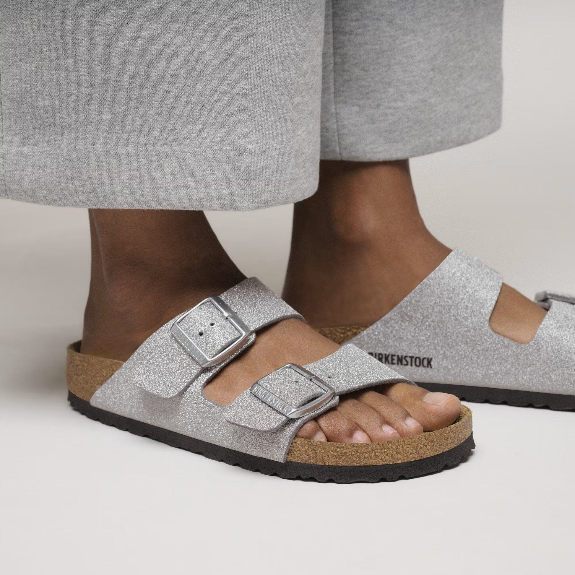 Birkenstock Arizona Sandals - Shiny Glitter Silver Synthetics | Comfortable Cork Footbed - Grady’s Feet Essentials - Birkenstock