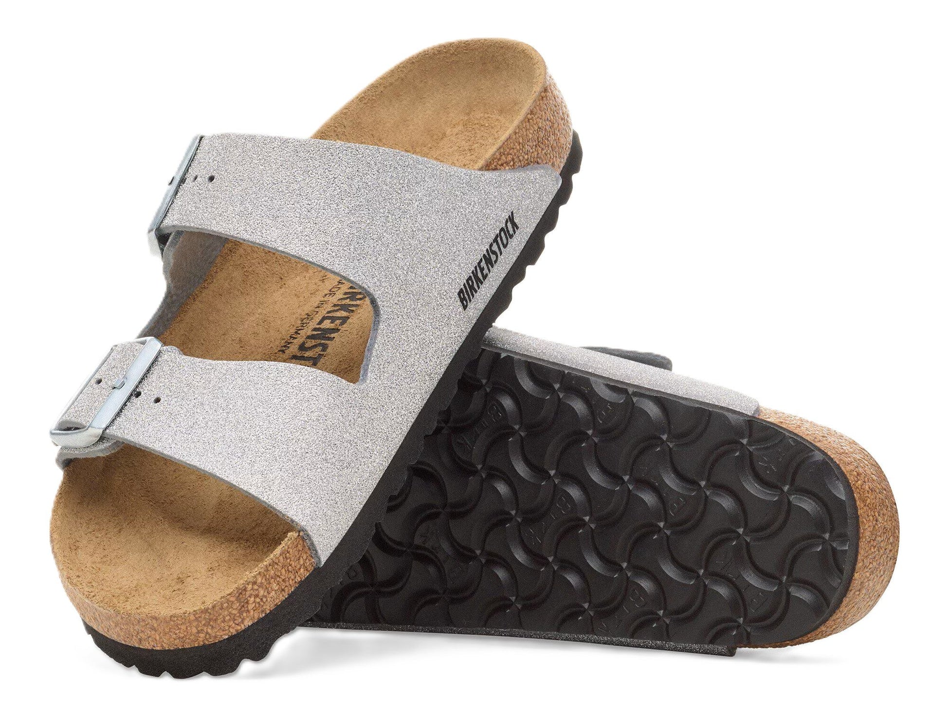 Birkenstock Arizona Sandals - Shiny Glitter Silver Synthetics | Comfortable Cork Footbed - Grady’s Feet Essentials - Birkenstock