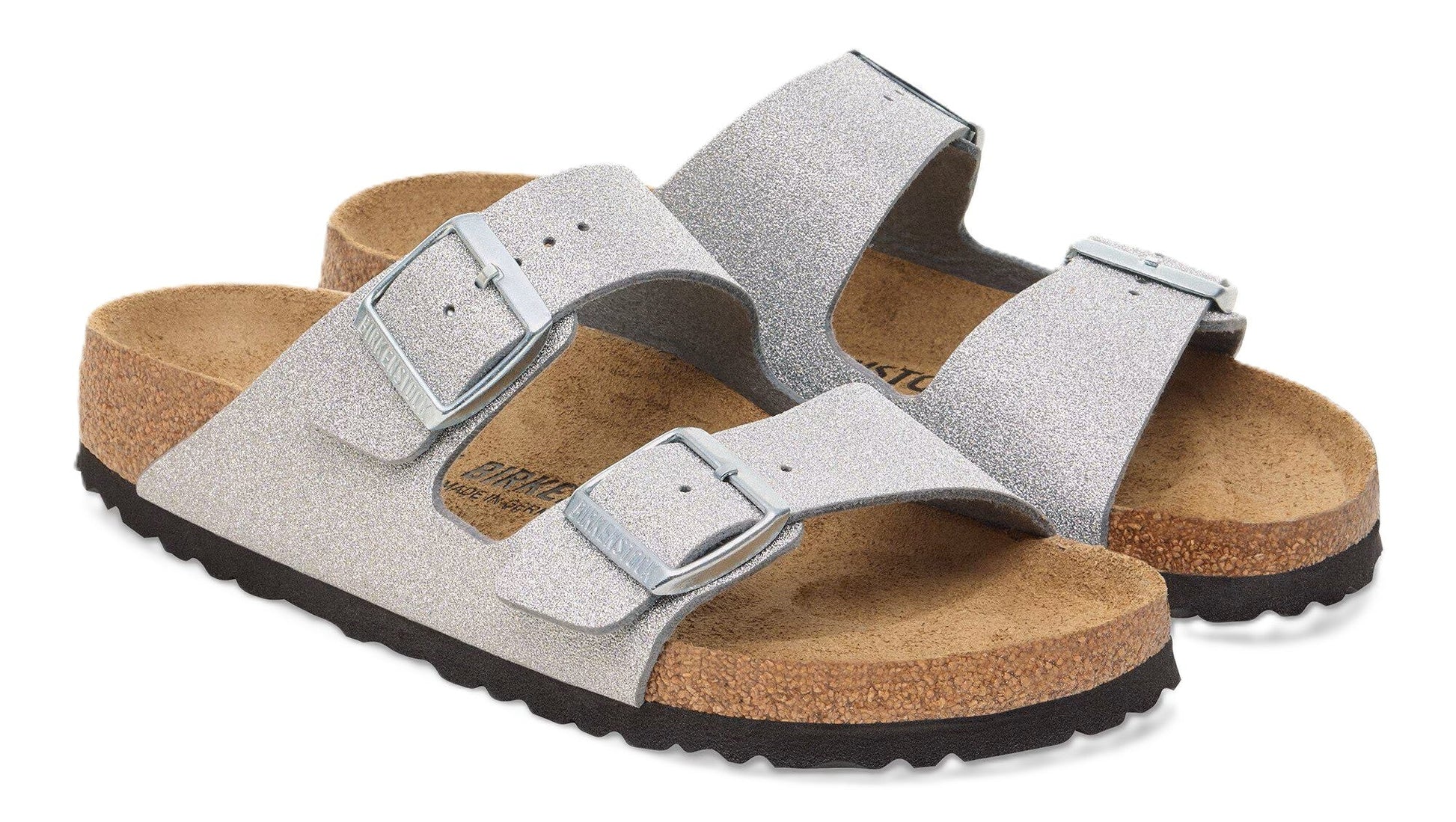 Birkenstock Arizona Sandals - Shiny Glitter Silver Synthetics | Comfortable Cork Footbed - Grady’s Feet Essentials - Birkenstock
