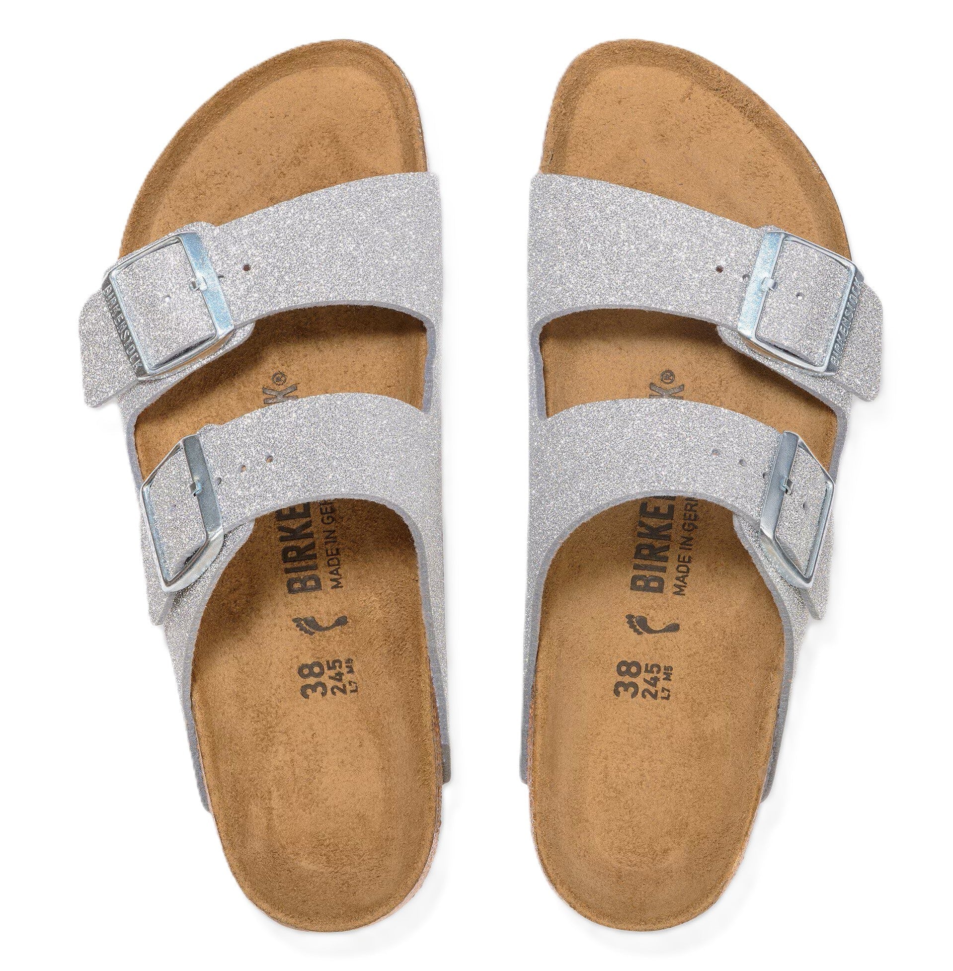 Birkenstock Arizona Sandals - Shiny Glitter Silver Synthetics | Comfortable Cork Footbed - Grady’s Feet Essentials - Birkenstock