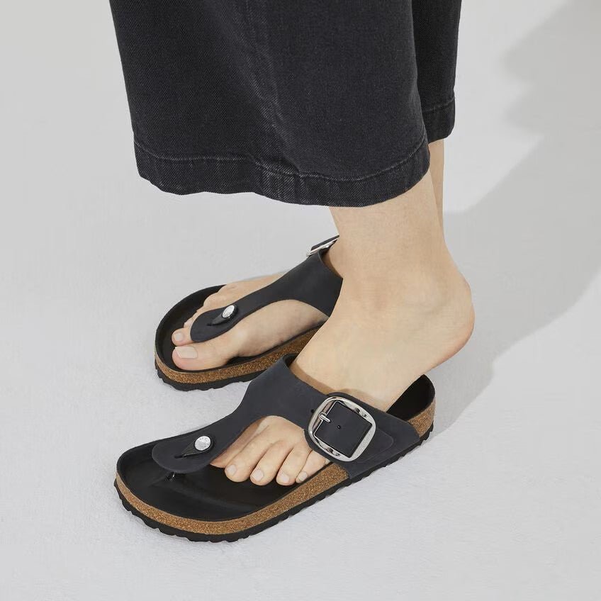 Birkenstock Gizeh Big Buckle Sandals - Black Oiled Leather | Comfortable Cork Footbed - Grady’s Feet Essentials - Birkenstock