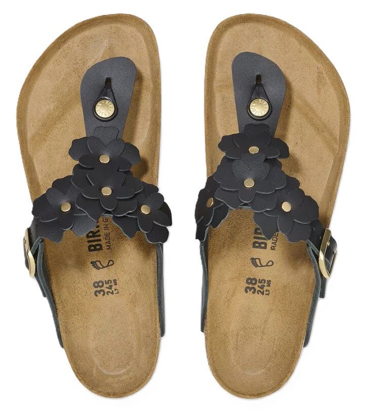 Birkenstock Gizeh Flower Sandals - Black Leather | Comfortable Cork Footbed - Grady’s Feet Essentials - Birkenstock