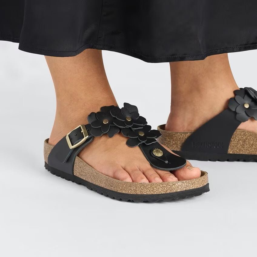 Birkenstock Gizeh Flower Sandals - Black Leather | Comfortable Cork Footbed - Grady’s Feet Essentials - Birkenstock
