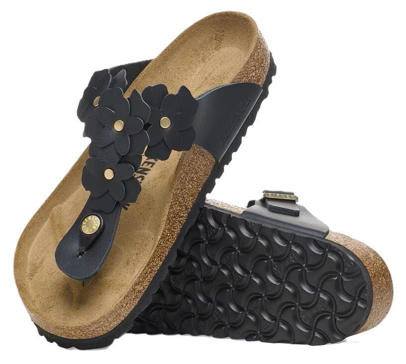 Birkenstock Gizeh Flower Sandals - Black Leather | Comfortable Cork Footbed - Grady’s Feet Essentials - Birkenstock