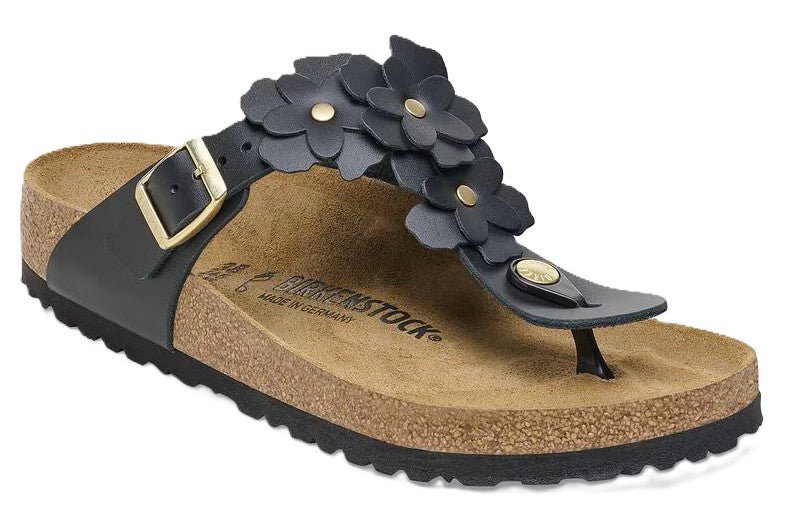 Birkenstock Gizeh Flower Sandals - Black Leather | Comfortable Cork Footbed - Grady’s Feet Essentials - Birkenstock