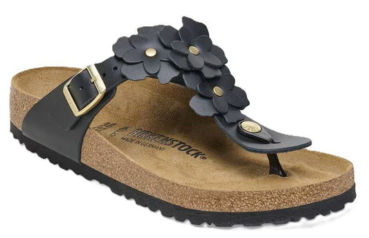 Birkenstock Gizeh Flower Sandals - Black Leather | Comfortable Cork Footbed - Grady’s Feet Essentials - Birkenstock