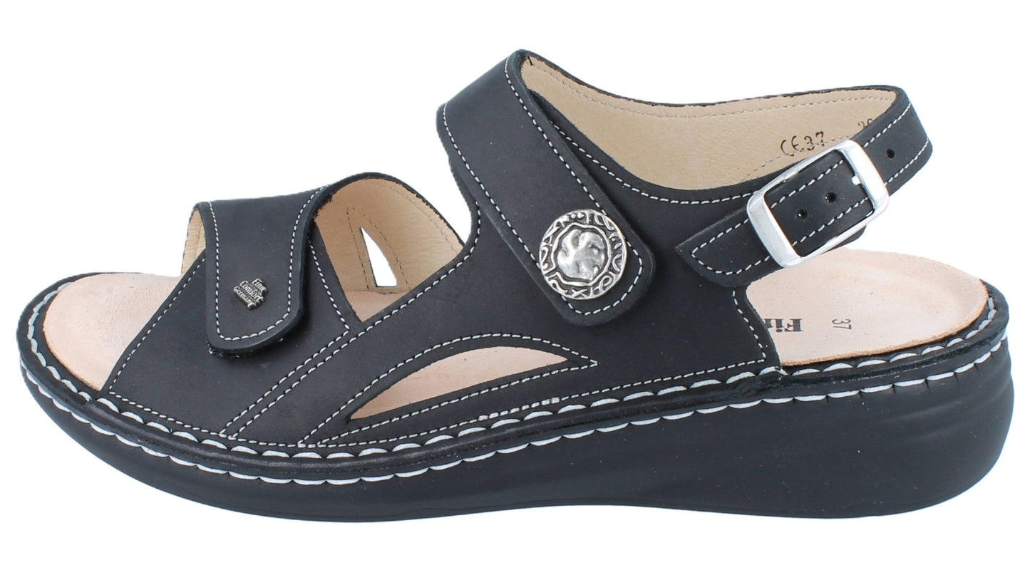 Finn Comfort Barbuda Women's Sandal - Black Sirio Leather | Finn Mellow Insole, Orthotic Friendly - Grady’s Feet Essentials - Finn Comfort