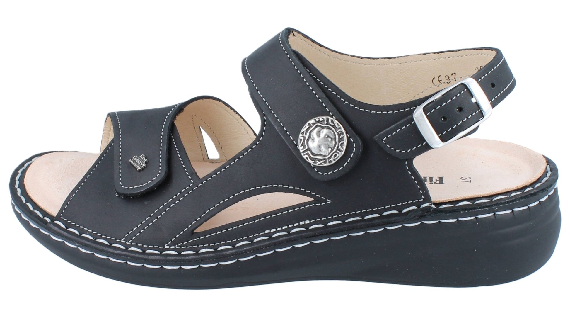 Finn Comfort Barbuda Women's Sandal - Black Sirio Leather | Finn Mellow Insole, Orthotic Friendly - Grady’s Feet Essentials - Finn Comfort