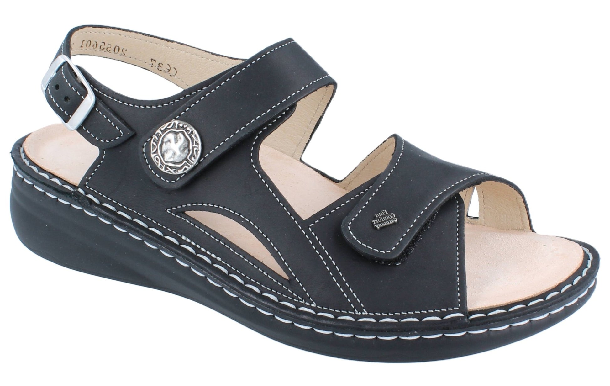Finn Comfort Barbuda Women's Sandal - Black Sirio Leather | Finn Mellow Insole, Orthotic Friendly - Grady’s Feet Essentials - Finn Comfort