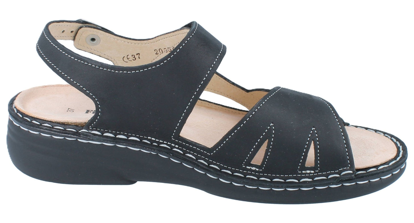 Finn Comfort Barbuda Women's Sandal - Black Sirio Leather | Finn Mellow Insole, Orthotic Friendly - Grady’s Feet Essentials - Finn Comfort