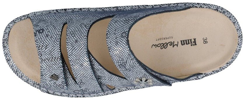 Finn Comfort Grenada Women's Sandal - Words Blue Leather | Finn Mellow Insole, Orthotic Friendly - Grady’s Feet Essentials - Finn Comfort