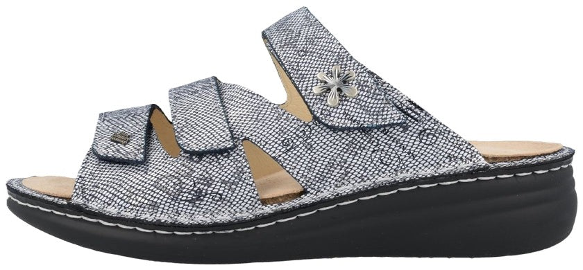 Finn Comfort Grenada Women's Sandal - Words Blue Leather | Finn Mellow Insole, Orthotic Friendly - Grady’s Feet Essentials - Finn Comfort