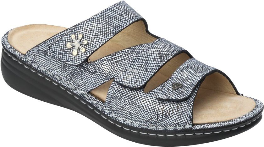 Finn Comfort Grenada Women's Sandal - Words Blue Leather | Finn Mellow Insole, Orthotic Friendly - Grady’s Feet Essentials - Finn Comfort