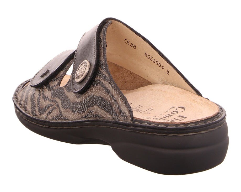 Finn Comfort Zeno Women's Sandal - Grey Black Zebra Leather | Comfortable Stretch Panel - Grady’s Feet Essentials - Finn Comfort