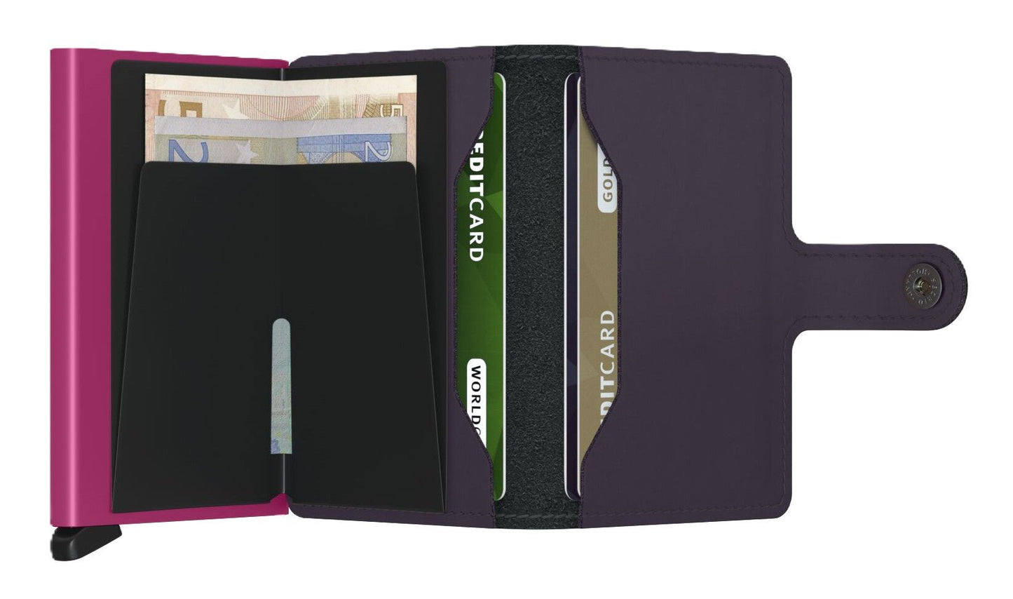 Secrid Wallet - Miniwallet Matte Dark Purple Leather with Fuchsia Cardprotector | RFID Safe - Grady’s Feet Essentials - Secrid